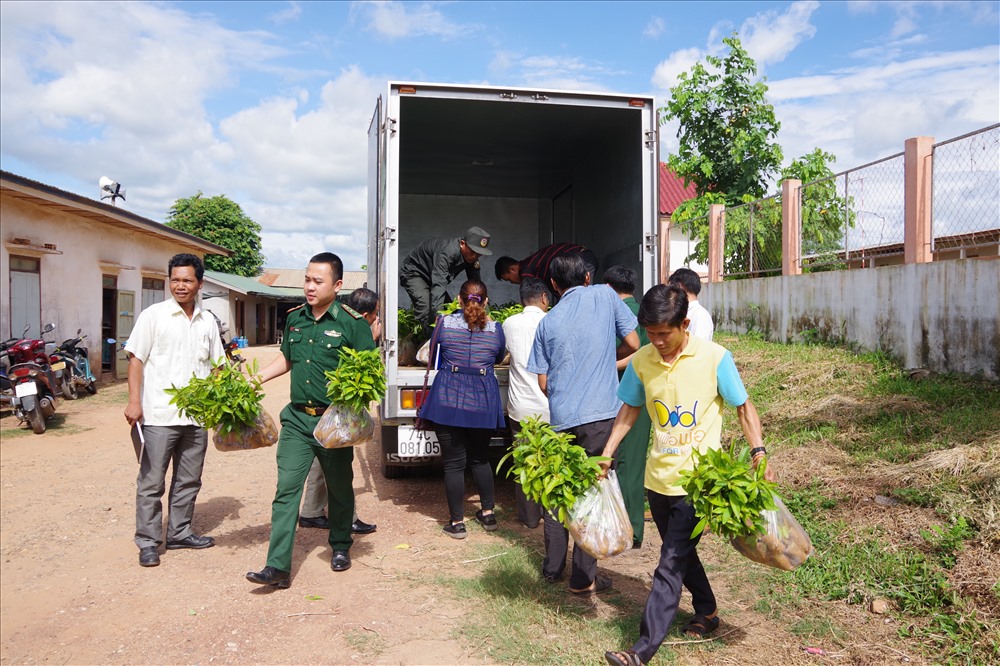 Cán bộ, chiến sĩ và người dân tặng cây giống cho người dân nước bạn Lào. Ảnh: TH.