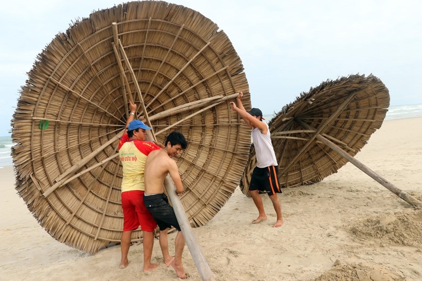 Người dân tháo dỡ các chòi nghỉ mát trên bãi biển Mỹ Khê nhằm giảm thiểu thiệt hại khi bão số 9 đổ bộ. (Ảnh: Trần Lê Lâm/TTXVN)