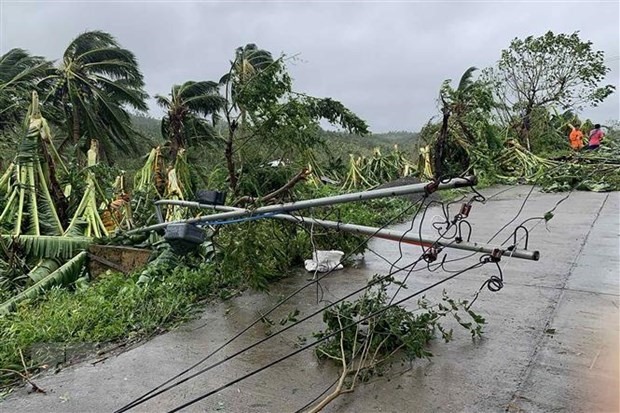 Cột điện và cây cối bị gió quật đổ khi bão Molave đổ bộ thị trấn Pola, tỉnh Oriental Mindoro, Philippines, ngày 26/10/2020. (Ảnh: AFP/TTXVN)