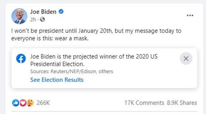 Bài đăng Facebook của ông Joe Biden. (Ảnh chụp màn hình)
