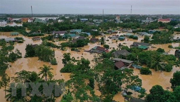 Lũ lớn trên sông Hiếu gây ngập diện rộng tại khu vực xã Thanh An, huyện Cam Lộ, tỉnh Quảng Trị. (Ảnh: Hồ Cầu/TTXVN)