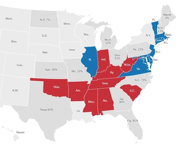 Tiến độ kiểm phiếu tại các bang của nước Mỹ tính đến thời điểm này. Cập nhật của New York Times