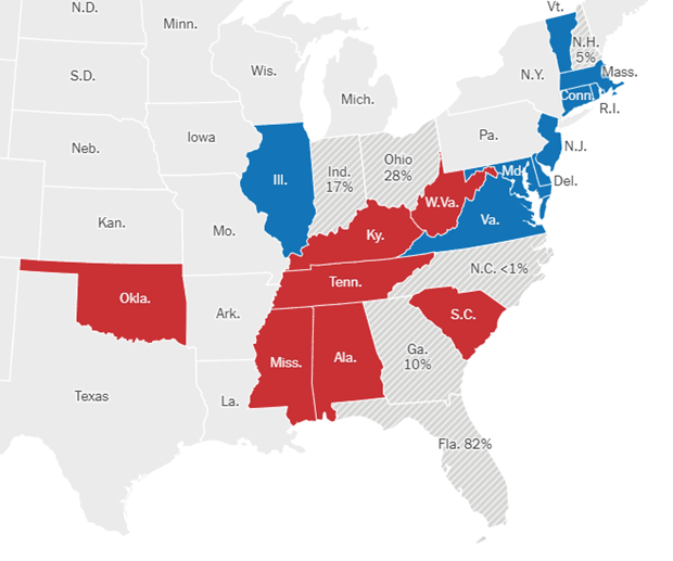 Ông Trump được dự báo thắng ở các bang thường ủng hộ đảng Cộng hòa gồm Mississipi, Oklahoma, Alabama