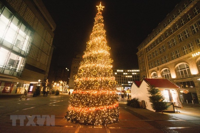 Cây thông Noel được thắp sáng tại một khu chợ Giáng sinh nhỏ ở Essen, Đức. (Ảnh: THX/TTXVN)