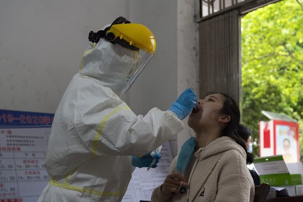 Nhân viên y tế lấy mẫu xét nghiệm COVID-19 tại Hồ Bắc, Trung Quốc ngày 18/4/2020. (Nguồn: THX/TTXVN)