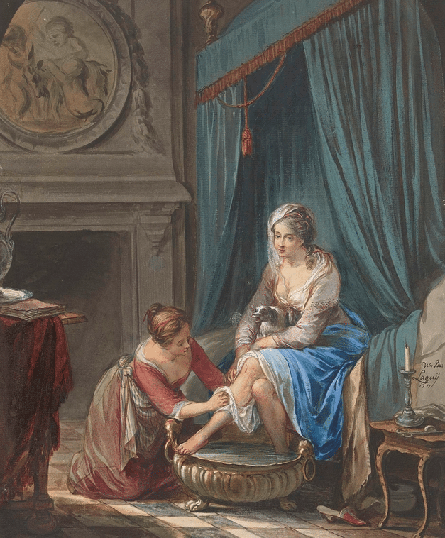 Tranh vẽ về việc vệ sinh bằng chậu nhỏ đựng ít nước ở Pháp, thế kỷ 18. Willem Joseph Laquy, 1771