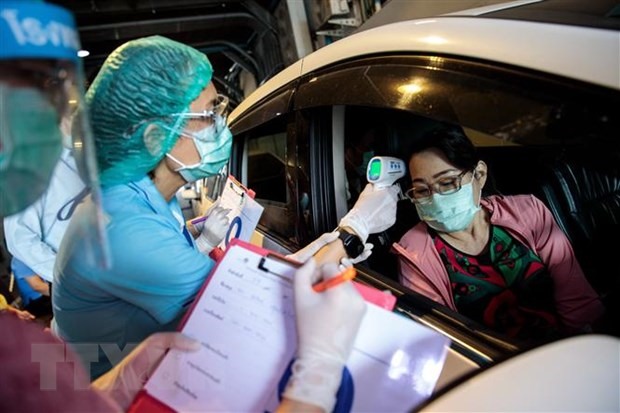 Kiểm tra thân nhiệt phòng lây nhiễm COVID-19 tại Bangkok, Thái Lan. (Ảnh: AFP/TTXVN)