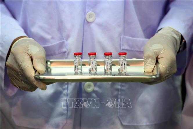 Nhân viên giới thiệu mẫu vaccine phòng COVID-19 tại một phòng thí nghiệm của Đại học Chulalongkorn ở Saraburi, Thái Lan ngày 23/5/2020. Ảnh: AFP/TTXVN