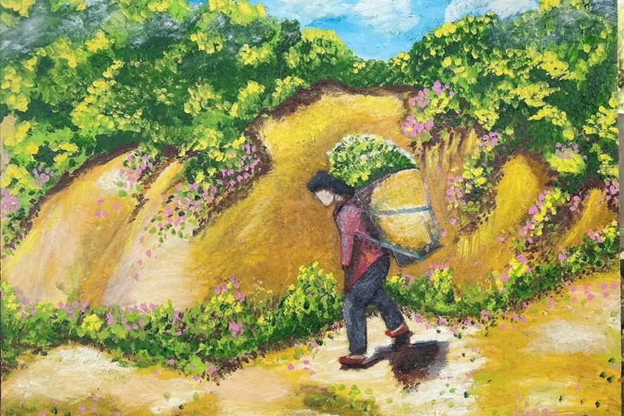 Bức tranh mang tên “Gùi rau nghĩa tình” được người dân Đà Nẵng tổ chức đấu giá online để ủng hộ cho bà con Nam Trà My. Ảnh: Phan Hà