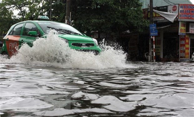 Mưa lớn gây ngập tại tổ 19, phường Tiền Phong, thành phố Thái Bình. (Ảnh: Thế Duyệt/TTXVN)