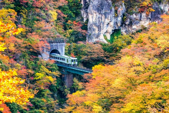 Hẻm núi Naruko Gorge thuộc tỉnh Miyagi - Nhật Bản. Điểm ấn tượng nhất là cầu Ofukazawa, nơi thường có đoàn tàu đi qua. Ảnh: DoctorEgg.