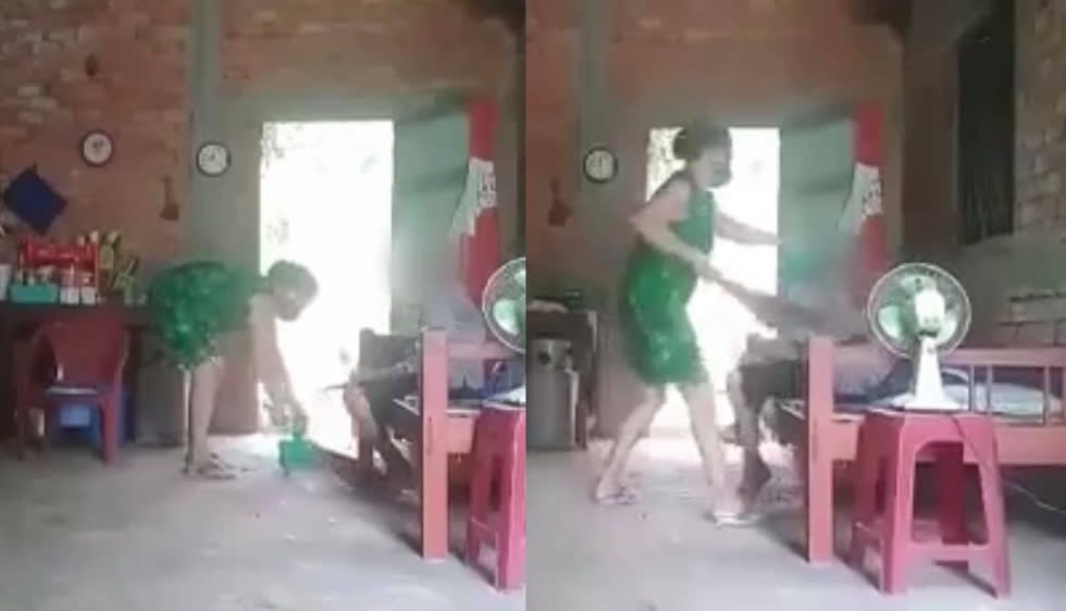 Bà Nguyễn Thị Hoa có hành động bạo hành mẹ ruột. Ảnh: cắt từ clip.