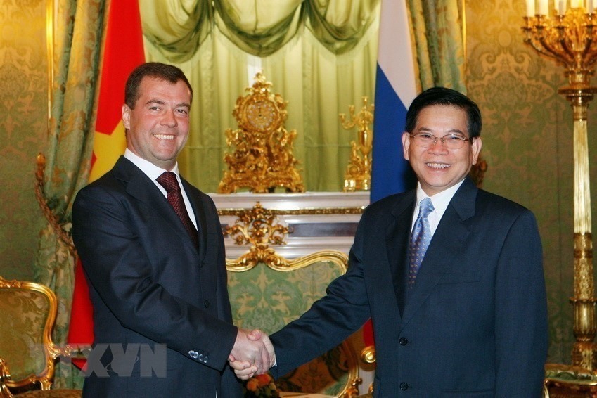 Tổng thống Dmitry Medvedev hội kiến Chủ tịch nước Nguyễn Minh Triết thăm chính thức Liên bang Nga, ngày 27/10/2008, tại Điện Kremlin. (Ảnh: Nguyễn Khang/TTXVN)