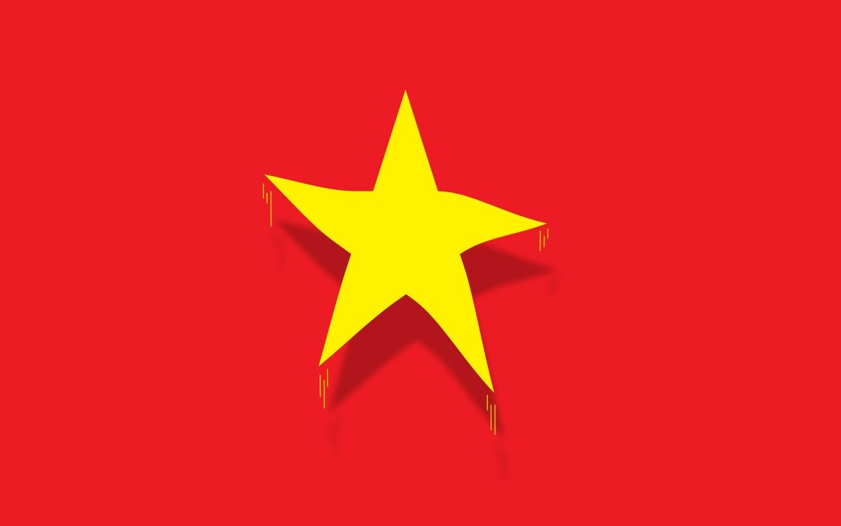 Hình ảnh 3D cách điệu cỡ lớn về quốc kỳ cờ đỏ sao vàng của Việt Nam được SCMP đăng tải trang trọng trong bài viết của họ. Đồ họa: Huy Truong.