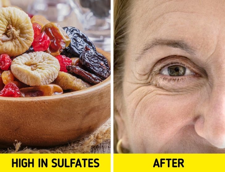 5. Hoa quả sấy khô  Những món ăn vặt ngon miệng này chứa sunfat làm hỏng tế bào, DNA và protein dẫn đến lão hóa sớm, xuất hiện nhiều nếp nhăn.
