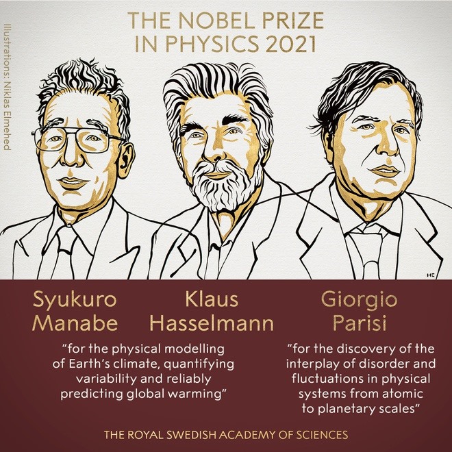 Ba tác giả nhận giải Nobel Vật lý 2021. Ảnh: Viện hàn lâm Hoàng gia Thụy Điển.