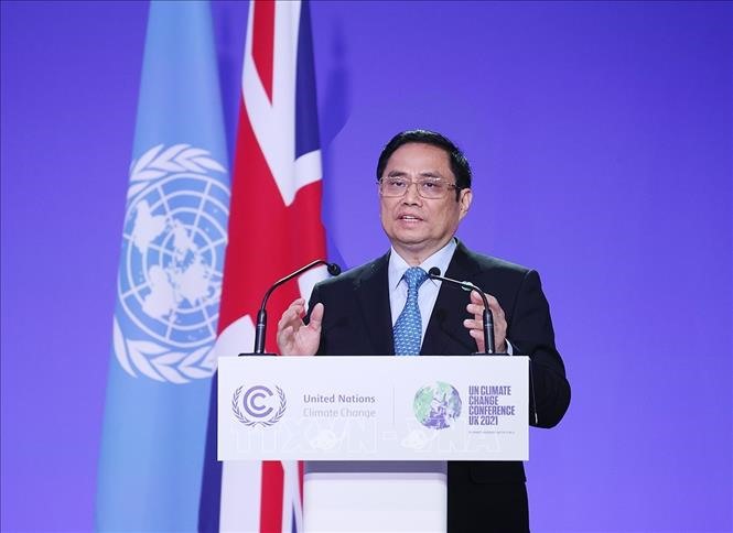 Thủ tướng Chính phủ Phạm Minh Chính có bài phát biểu quan trọng trong ngày đầu tiên của Hội nghị Thượng đỉnh về biến đổi khí hậu được tổ chức trong khuôn khổ Hội nghị lần thứ 26 các Bên tham gia Công ước khung của Liên Hợp Quốc về Biến đổi khí hậu (COP26). Ảnh TTXVN
