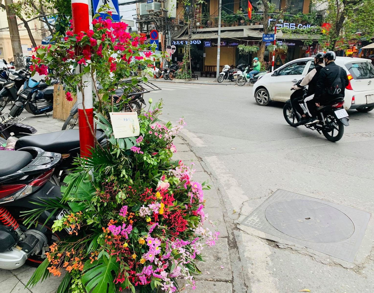 Những giỏ hoa uốn lượn quanh cột đèn, cột điện trên phố Phùng Hưng.