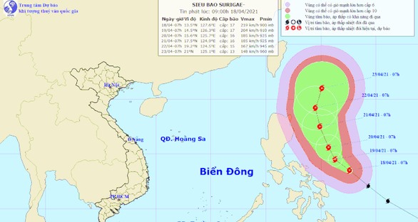 Vị trí và hướng di chuyển bão Surigae - Ảnh: Trung tâm Dự báo khí tượng thủy văn quốc gia
