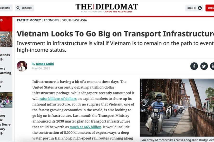 Bài viết trên tờ The Diplomat về việc Việt Nam đầu tư mạnh vào cơ sở hạ tầng để đạt được mục tiêu trở thành nền kinh tế có thu nhập cao. Ảnh chụp màn hình