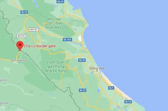 Thanh bị phát hiện ở Cửa khẩu quốc tế Cha Lo (Quảng Bình, chấm đỏ). Ảnh: Google Maps.