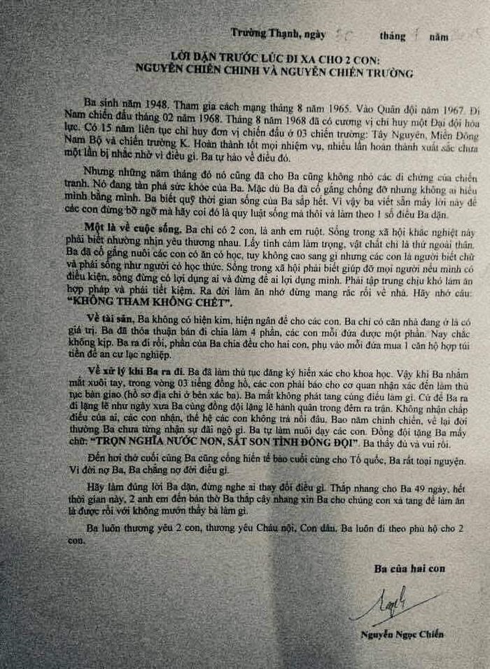 Bức thư dặn dò của ông Nguyễn Ngọc Chiến để lại cho 2 con trai. Ảnh: NVCC