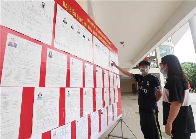 Sinh viên Học viện Nông nghiệp Việt Nam xem danh sách ứng viên tại khu vực bỏ phiếu số 13, thị trấn Trâu Quỳ (Gia Lâm - Hà Nội). Ảnh: Thanh Tùng/TTXVN
