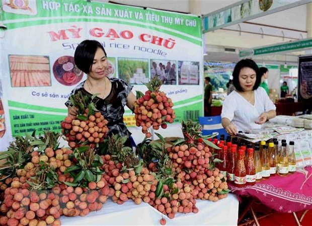 Gian hàng trưng bày sản phẩm của tỉnh Bắc Giang tại phiên chợ tuần nông sản an toàn thực phẩm năm 2020. (Ảnh: Vũ Sinh/TTXVN)