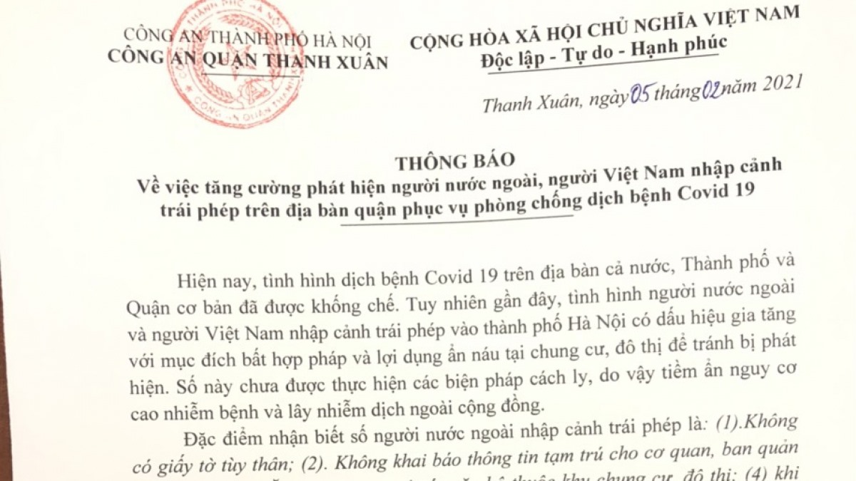 Thông báo Công an quận Thanh Xuân