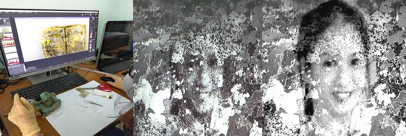 Phòng Kỹ thuật hình sự Công an tỉnh Quảng Trị phục dựng thành công bức ảnh được tìm thấy cùng hài cốt liệt sĩ ở chiến khu xưa Ba Lòng -Ảnh: T.B