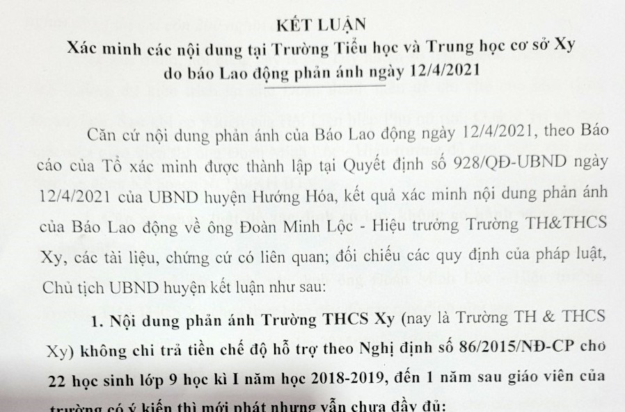 Kết luận của UBND huyện Hướng Hóa về những nội dung Báo Lao Động nêu ở Trường Tiểu học và Trung học cơ sở Xy. Ảnh: HT.