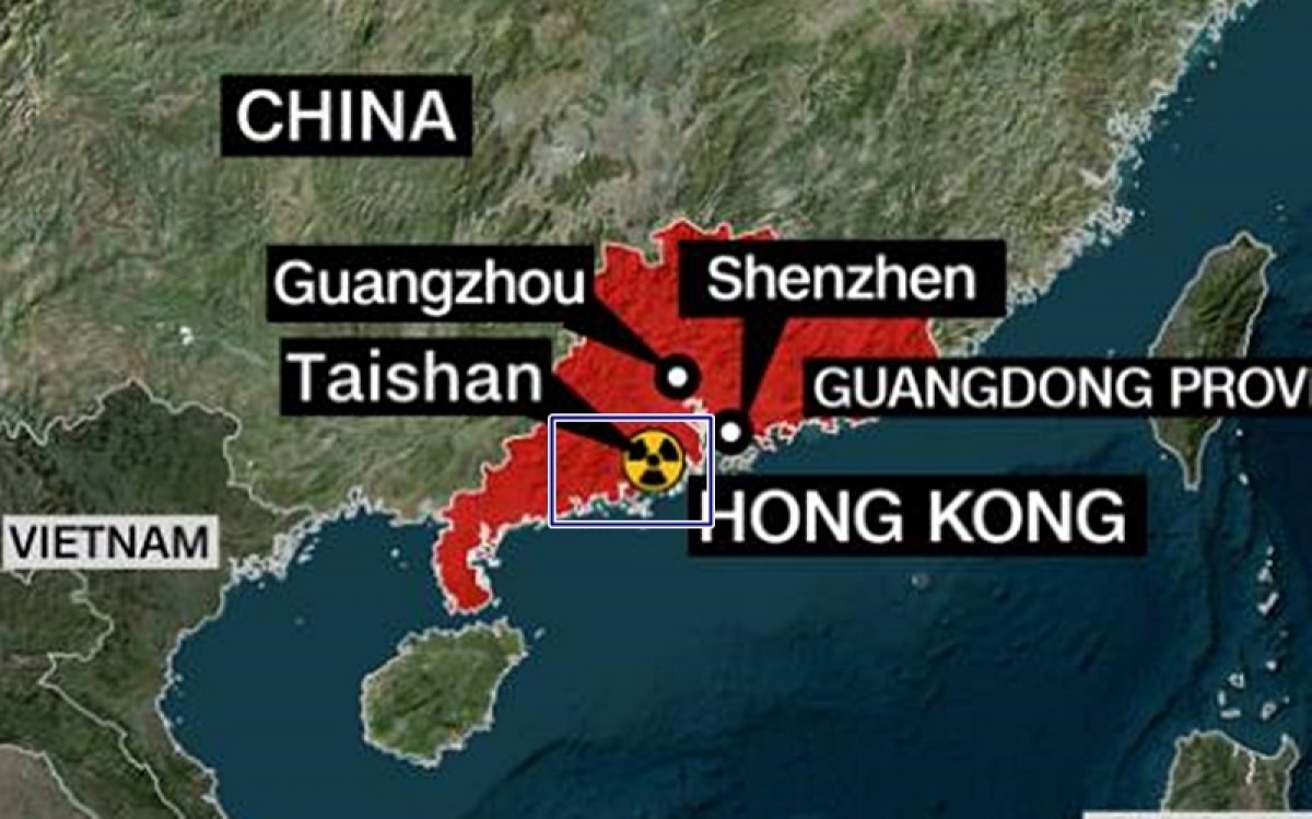 Vị trí của nhà máy hạt nhân Đài Sơn (khung xanh) trên bản đồ. Có thể thấy nhà máy nằm ở tỉnh Quảng Đông cách không xa biên giới Việt Nam. Ảnh: CNN.