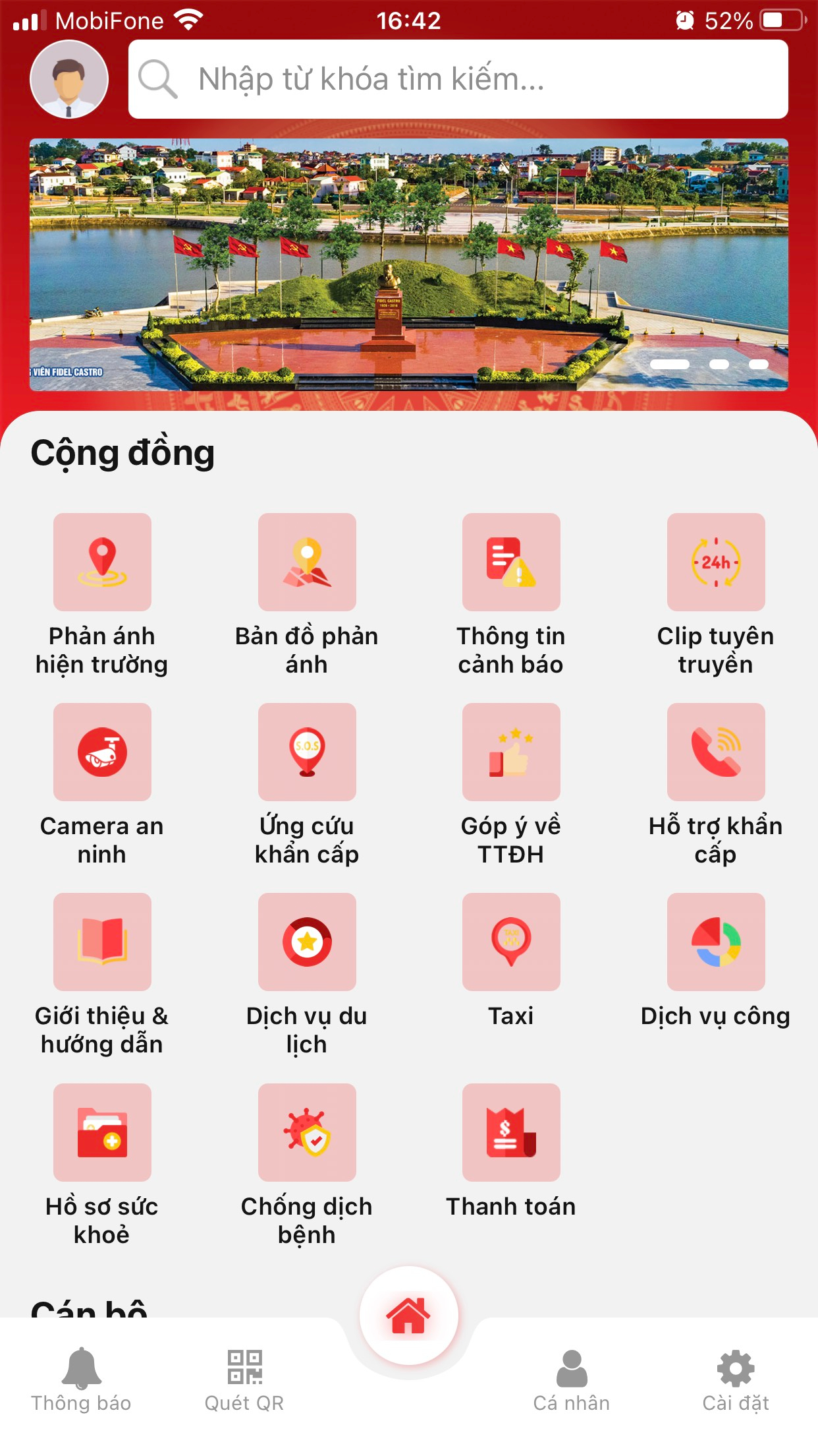 Giao diện ứng dụng Trung tâm điều hành đô thị thông minh tỉnh Quảng Trị trên điện thoại (Quảng Trị IOC)