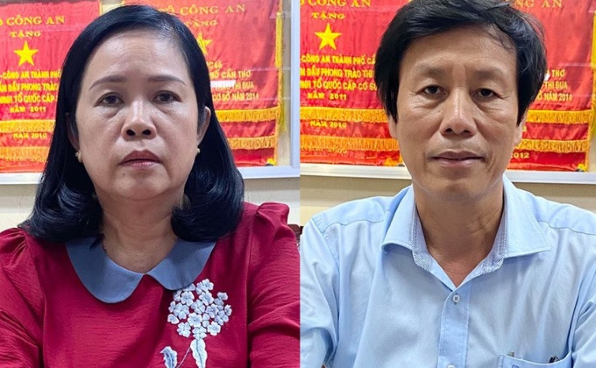 Giám đốc Sở Y tế Cần Thơ Cao Minh Chu và nguyên Giám đốc Sở Y tế Bùi Thị Lệ Phi (trái) trong vụ án “vi phạm quy định về đấu thầu xảy ra tại Sở Y tế Cần Thơ“. Ảnh: BCA