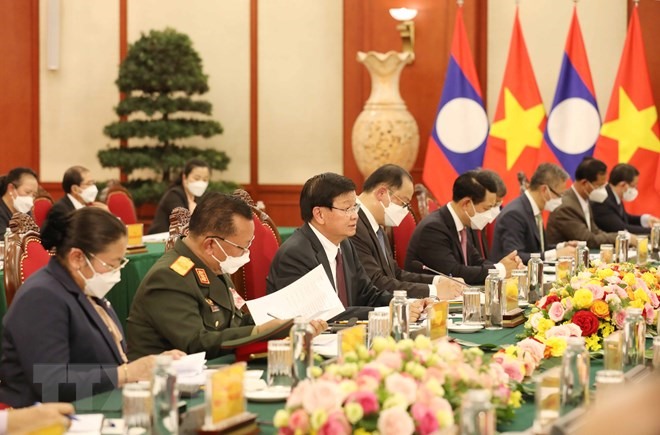 Tổng Bí thư, Chủ tịch nước Lào Thongloun Sisoulith phát biểu tại hội đàm. (Ảnh: Phương Hoa/TTXVN)