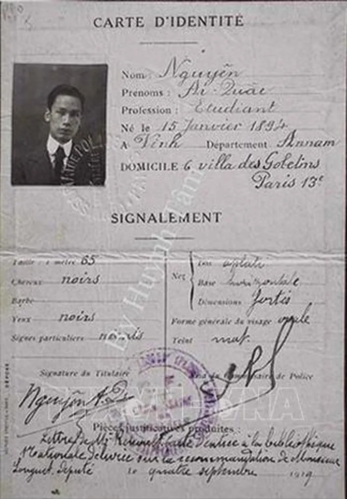 Thẻ căn cước của Nguyễn Ái Quốc ở Paris (Pháp) năm 1919. Ảnh: Tư liệu/TTXVN phát