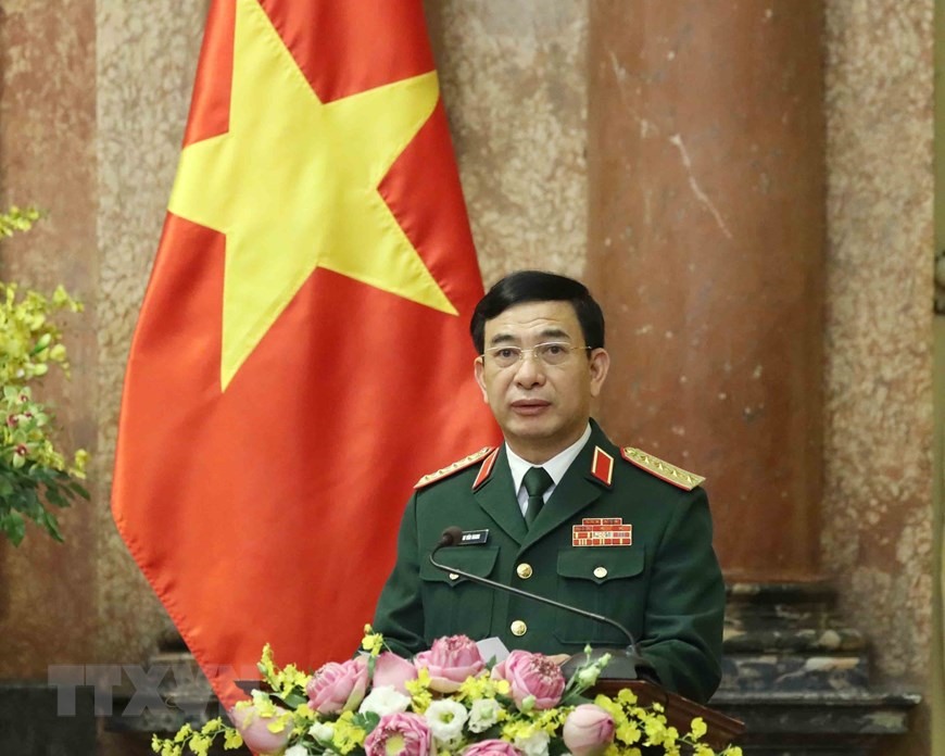 Đại tướng Phan Văn Giang, Ủy viên Bộ Chính trị, Phó Bí thư Quân ủy Trung ương, Bộ trưởng Bộ Quốc phòng phát biểu tại buổi lễ. (Ảnh: Thống Nhất/TTXVN)