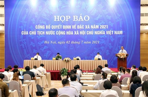 Quang cảnh buổi họp báo Công bố Quyết định về đặc xá năm 2021 của Chủ tịch nước. (Ảnh: Phạm Kiên/TTXVN)