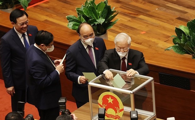 Tổng Bí thư Nguyễn Phú Trọng bỏ phiếu bầu Chủ tịch Quốc hội khóa XV. (Ảnh: Dương Giang-TTXVN)