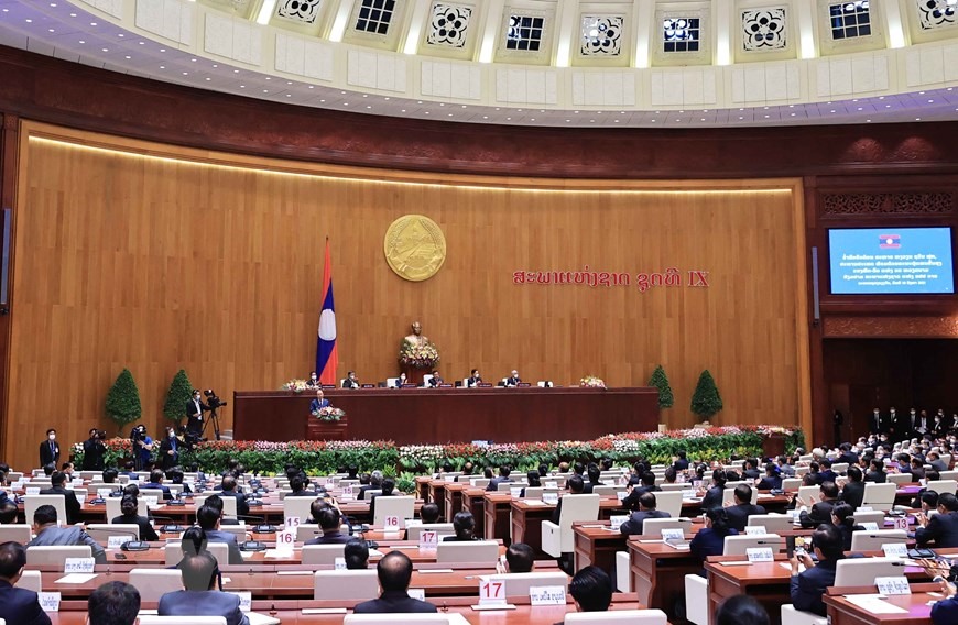 Chủ tịch nước Nguyễn Xuân Phúc phát biểu tại Kỳ họp lần thứ nhất, Quốc hội Lào khóa IX. (Ảnh: Thống Nhất/TTXVN)