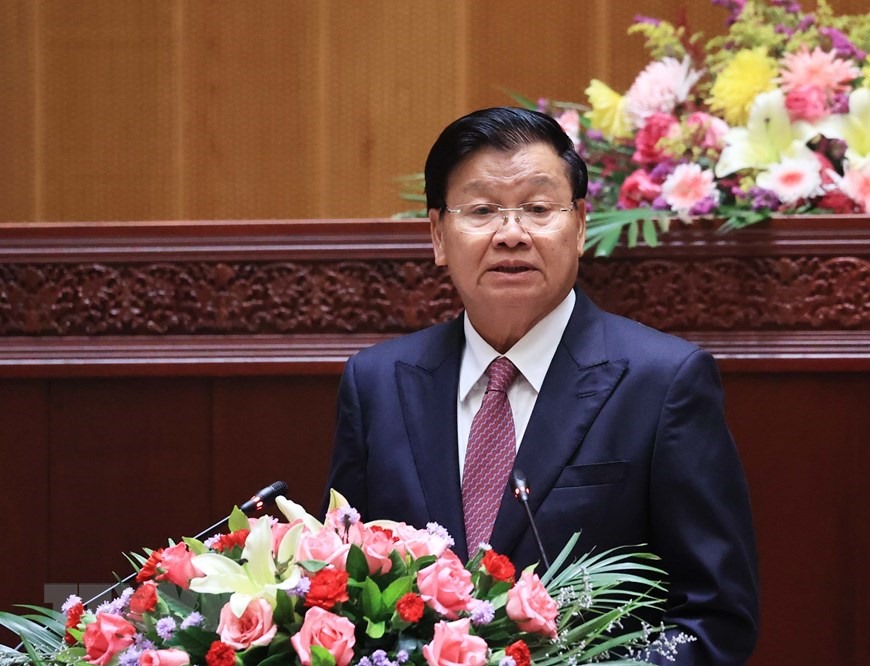 Tổng Bí thư, Chủ tịch nước Lào Thongloun Sisoulith phát biểu tại buổi lễ. (Ảnh: Thống Nhất/TTXVN)