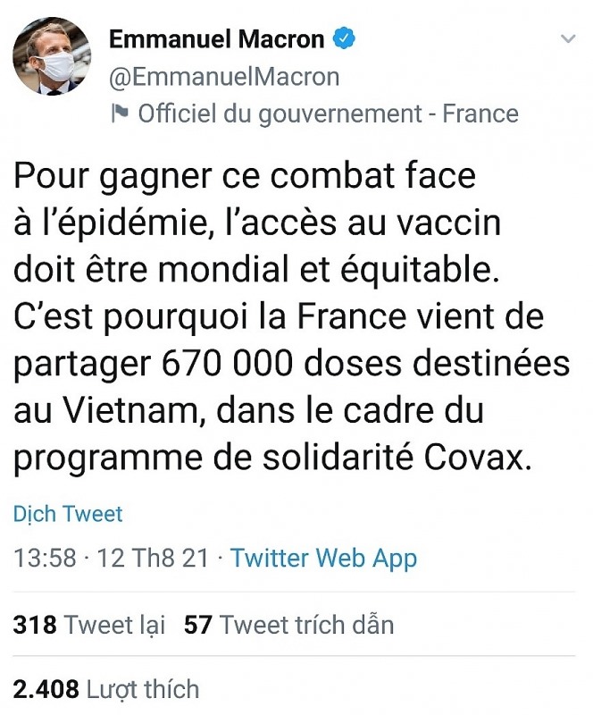 Đoạn tweet của Tổng thống Pháp Emmanuel Macron. (Nguồn: Twitter)