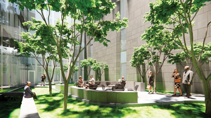 Những khoảng sân với màu xanh mát mắt của cây cối vừa là nơi kết nối và thư giãn cho nhân viên đại sứ quán, vừa cho phép ánh sáng tự nhiên chiếu vào không gian văn phòng xung quanh. Ảnh: EYP Architecture & Enginerring