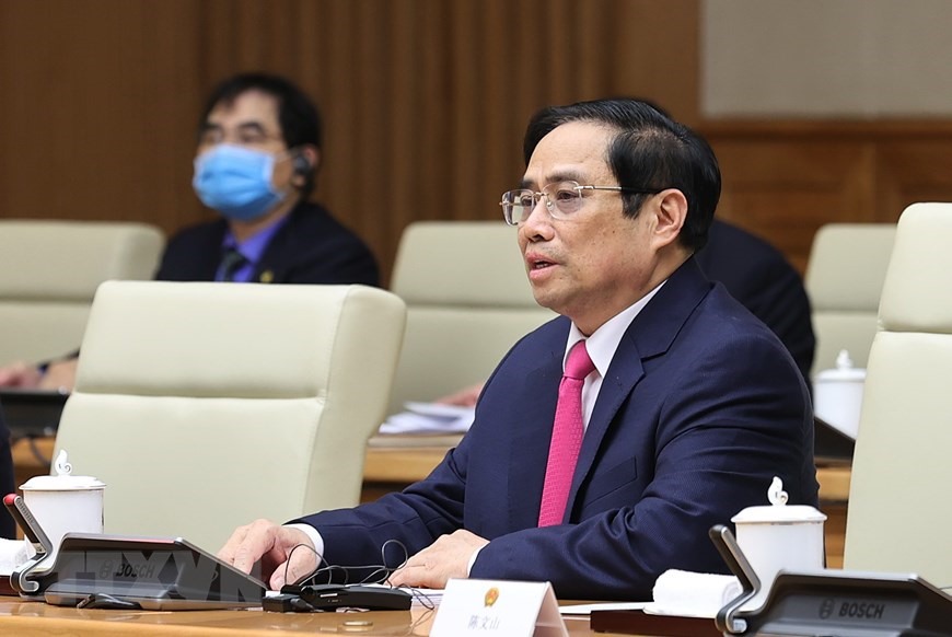 Thủ tướng Phạm Minh Chính phát biểu tại buổi tiếp Bộ trưởng Ngoại giao Trung Quốc Vương Nghị. (Ảnh: Dương Giang/TTXVN)