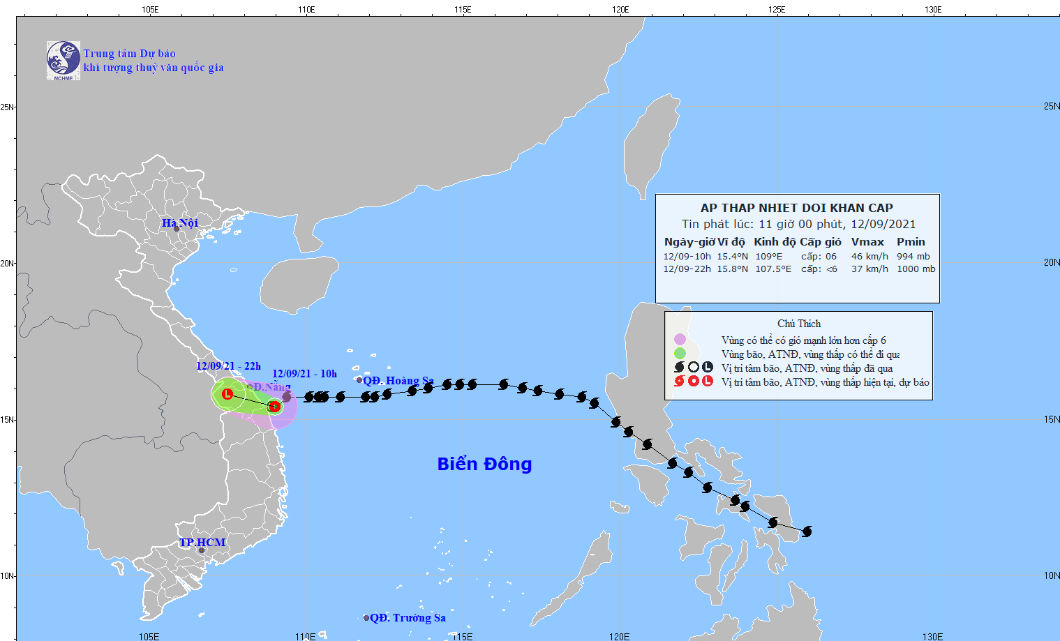 Đường đi của áp thấp nhiệt đới. (Nguồn: nchmf.gov.vn)