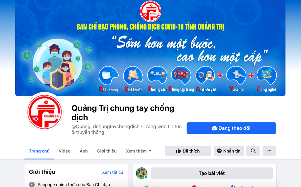 Giao diện Fanpage “Quảng Trị chung tay chống dịch” trên mạng xã hội Facebook - Ảnh chụp màn hình