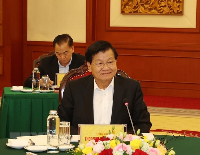 Tổng Bí thư Đảng Nhân dân Cách mạng Lào Thongloun Sisoulith phát biểu tại cuộc gặp. (Ảnh: Trí Dũng/TTXVN)