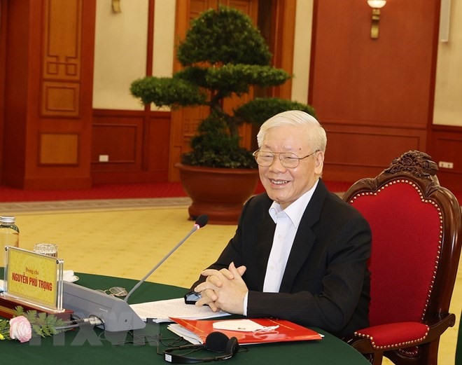 Hình ảnh Tổng Bí thư Nguyễn Phú Trọng phát biểu tại cuộc gặp. (Ảnh: Trí Dũng/TTXVN)