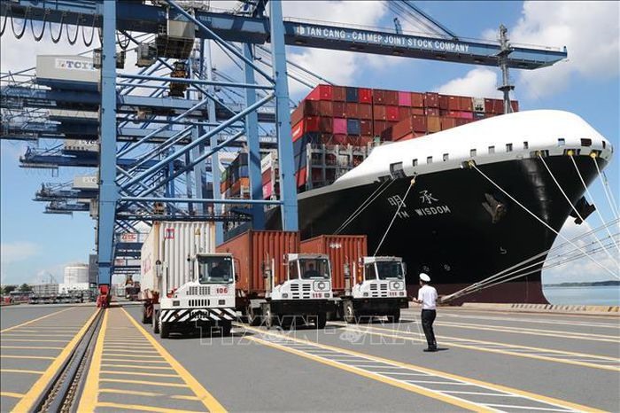 Tàu cập bến bốc dỡ hàng hóa tại cảng Tân Cảng - Cái Mép (Tổng Công ty Tân Cảng Sài Gòn) tại tỉnh Bà Rịa - Vũng Tàu. Ảnh minh họa: Trọng Đức/TTXVN