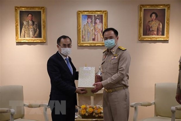 Phó Thủ tướng, Bộ trưởng Y tế Thái Lan Anutin Charnvirakul (bên phải) và Đại sứ Việt Nam tại Thái Lan Phan Chí Thành. (Ảnh: TTXVN phát)
